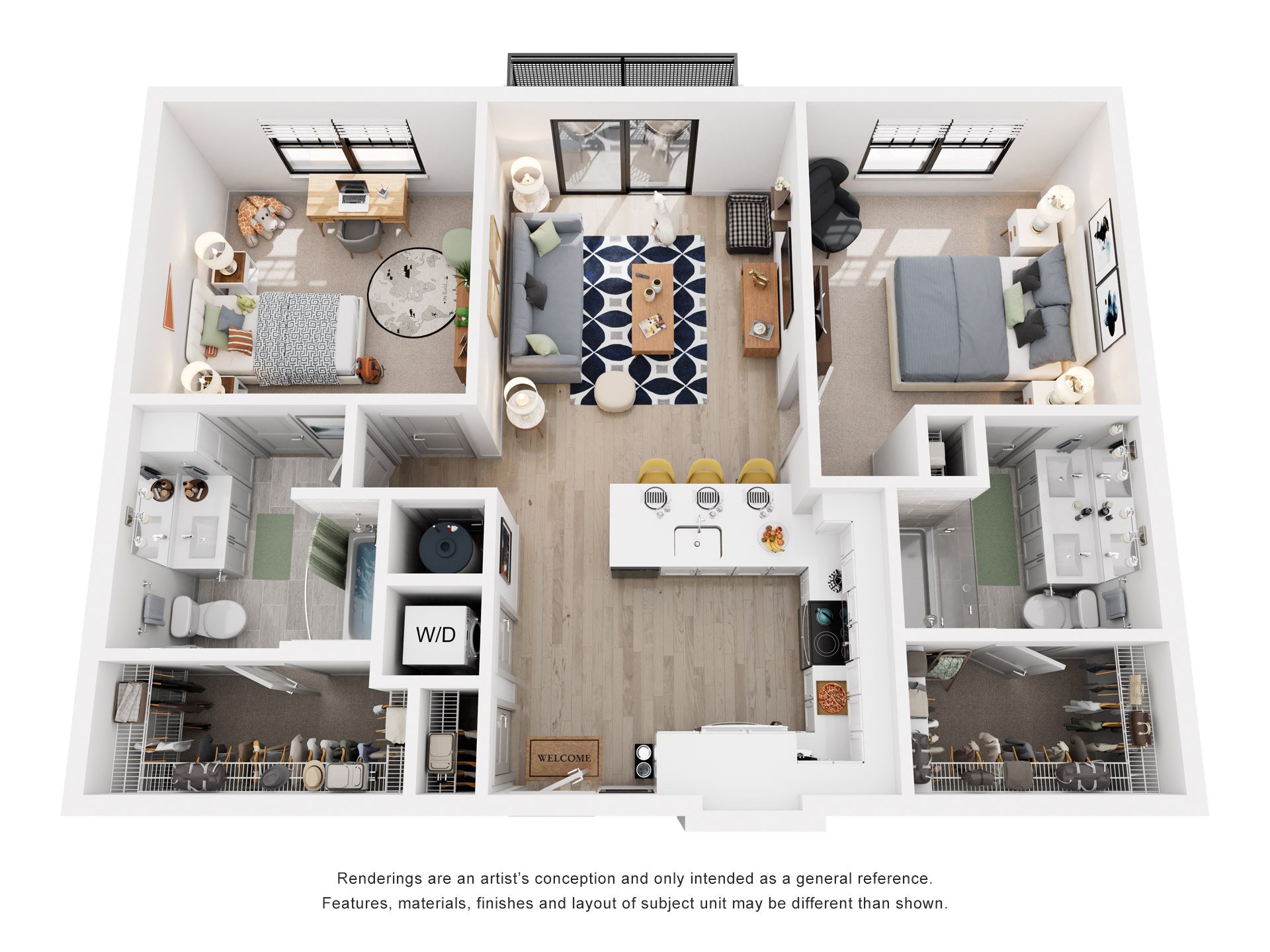 Floor plan for 2 beds, 2 baths, 1065 sqft